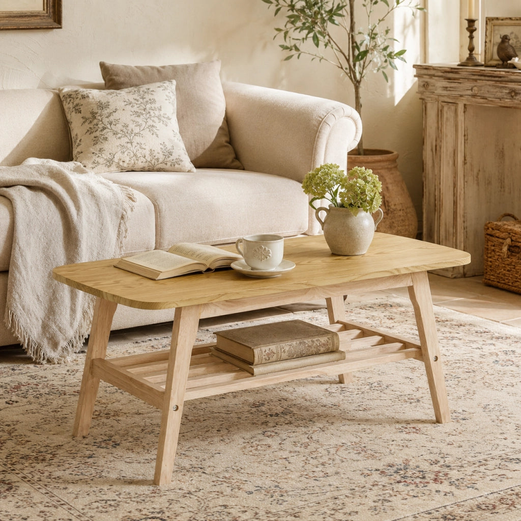 Tavolino basso fisso a due ripiani in legno con ampio spazio contenitore per soggiorno e ufficio 110 × 58 × 19 cm