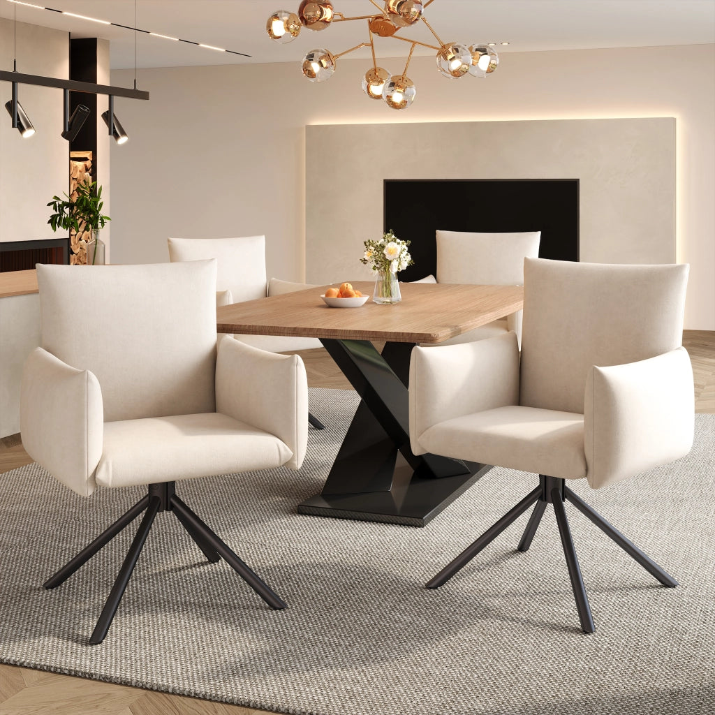 Sedie da pranzo girevoli a 360°, 6 pezzi in velluto beige con braccioli imbottiti e schienale ergonomico