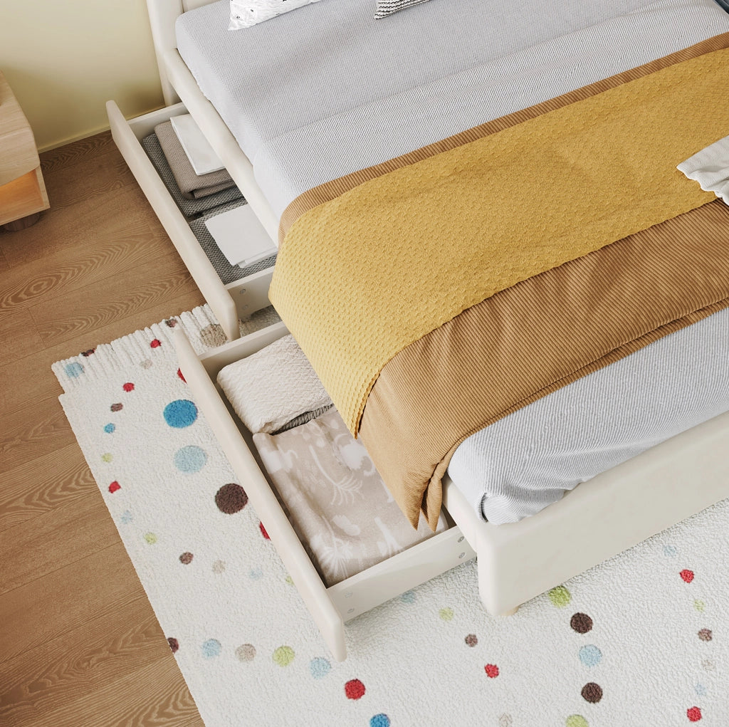 Letto per bambini 140x200 cm con struttura a casa, imbottito in velluto beige, con 4 cassetti contenitori