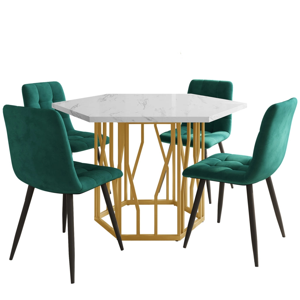 Set tavolo esagonale e 4 sedie verde e oro – finitura marmo