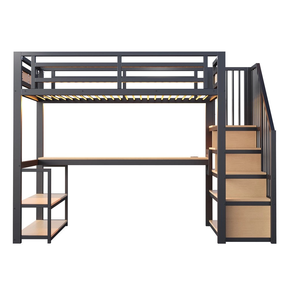 Letto a Soppalco in Metallo con LED, Presa, Ripiani e Tavolo ¨C Xylo ¨C Nero 90x200
