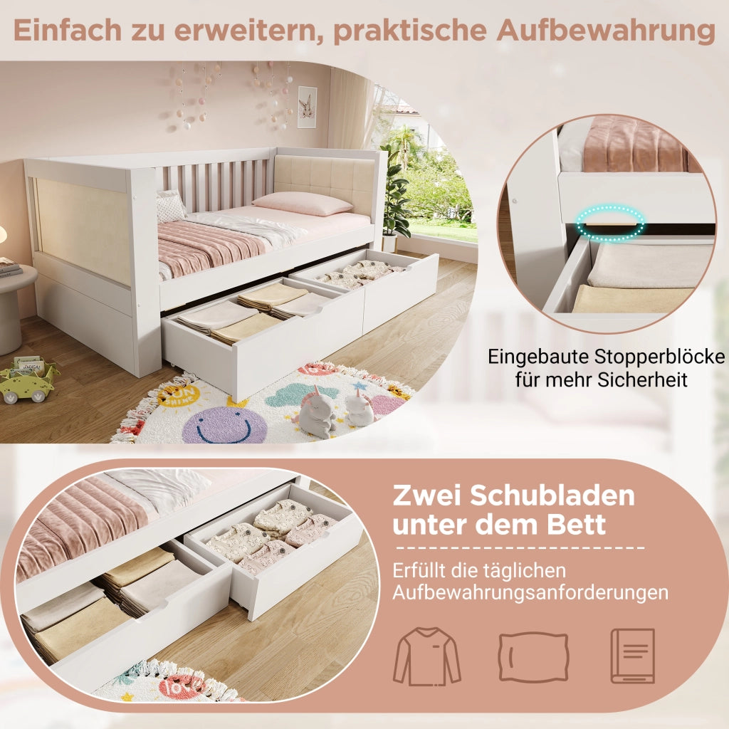 Daybed Singolo 90x190 cm in Legno con 2 Cassetti; Braccioli Arrotondati e Schienale; Bianco