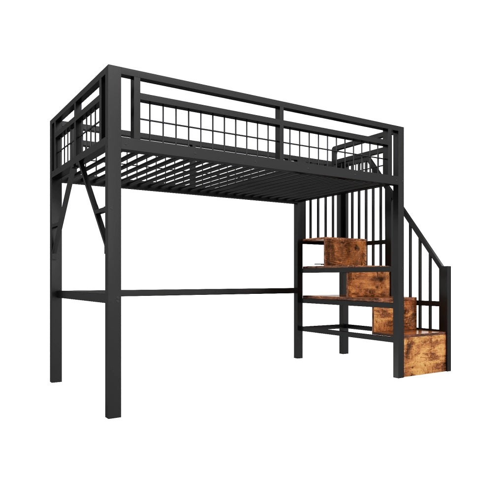 Letto a soppalco 90x200 cm nero con struttura in ferro; scala contenitore e luce LED