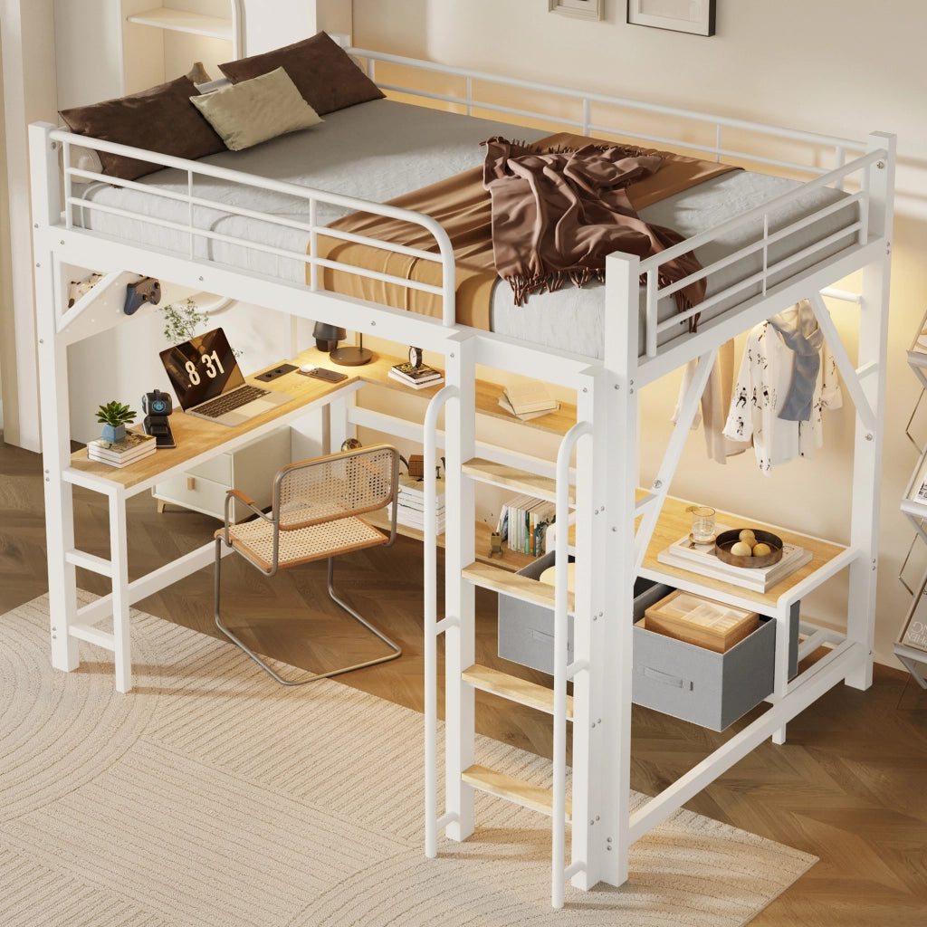 Letto a soppalco 140x200 cm con scrivania; ripiani; LED e USB; metallo e MDF bianco
