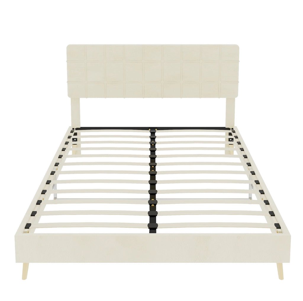 Letto matrimoniale grigio scuro in tessuto con testiera imbottita a quadri beige 140x200 cm, senza materasso