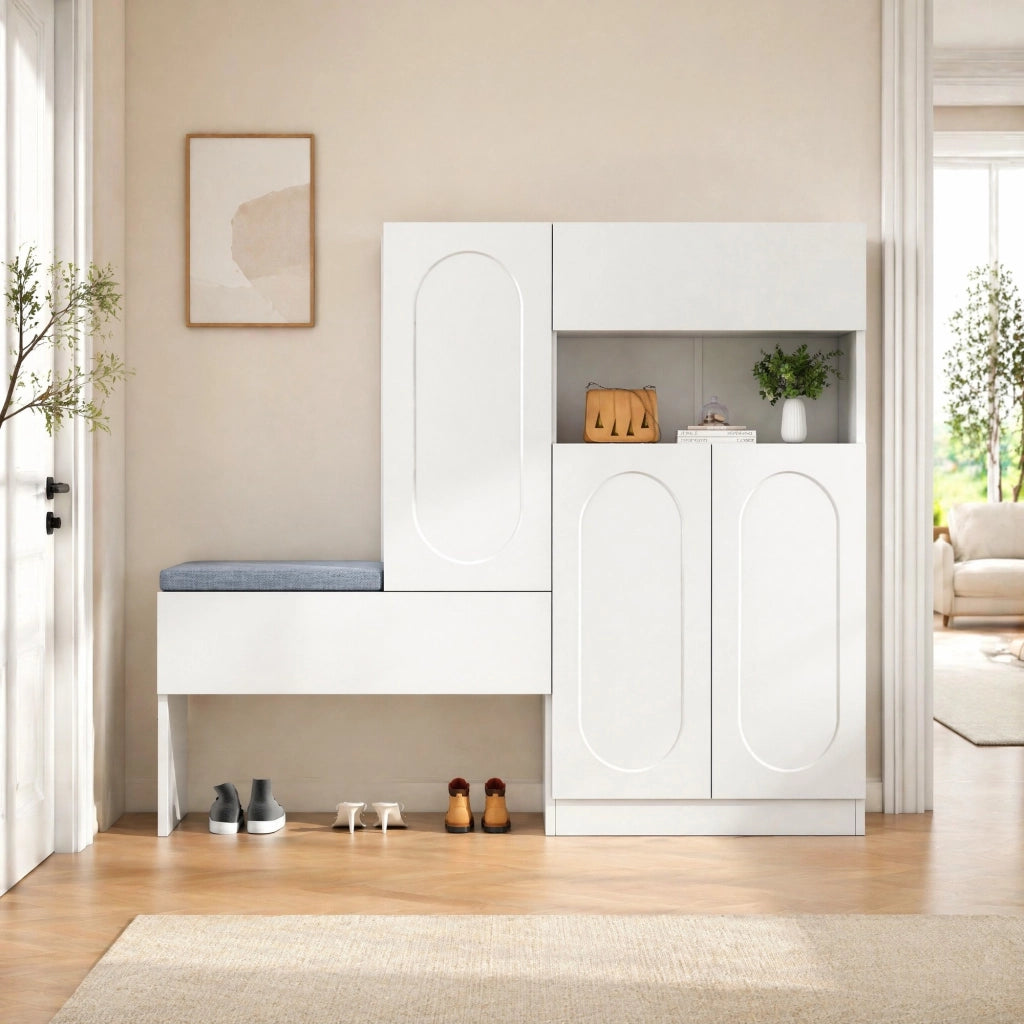 Scarpiera con panca 130x35x110 cm in truciolare; ante soft-close e cuscino grigio