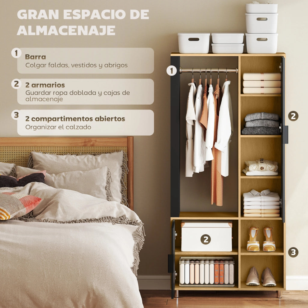 Armadio con Specchio e Appendiabiti ¨C Zephmum ¨C 80x30x170 cm Natural e Nero