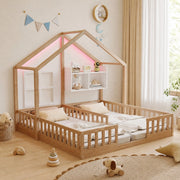 Letto per bambini doppio a casetta per due materassi 90 × 200 cm con LED, sponde, ripiani e rete in legno