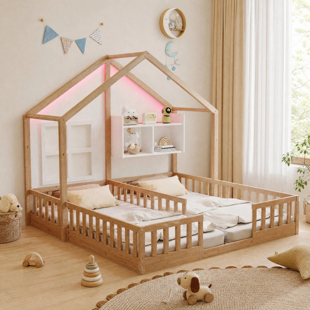 Letto per bambini doppio a casetta per due materassi 90 × 200 cm con LED, sponde, ripiani e rete in legno