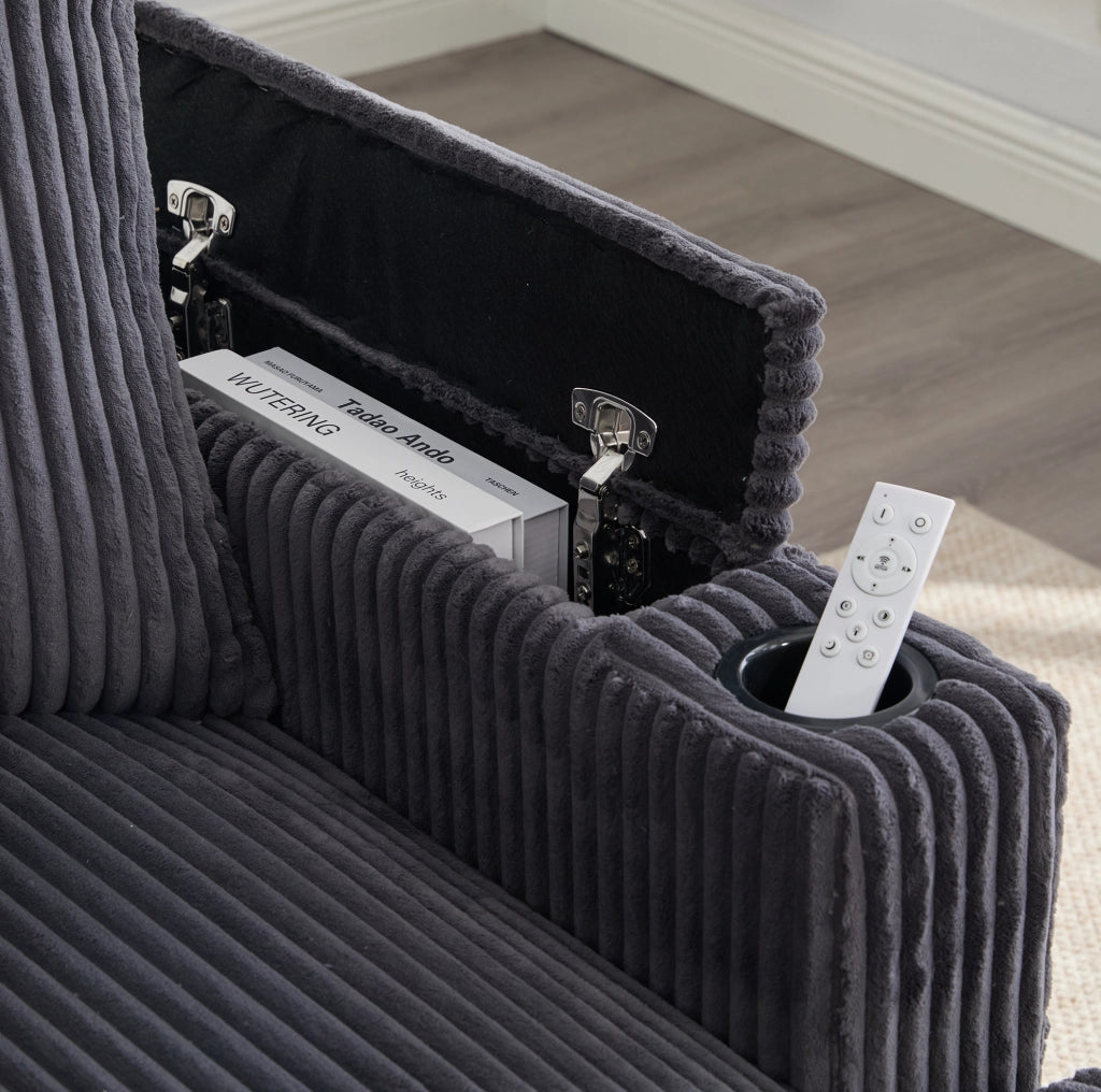 Chaise longue multifunzionale in velluto a coste con grande superficie reclinabile, porta bevande su entrambi i lati, illuminazione LED, tasca laterale, spazio contenitivo e porta USB, gambe in plastica resistenti
