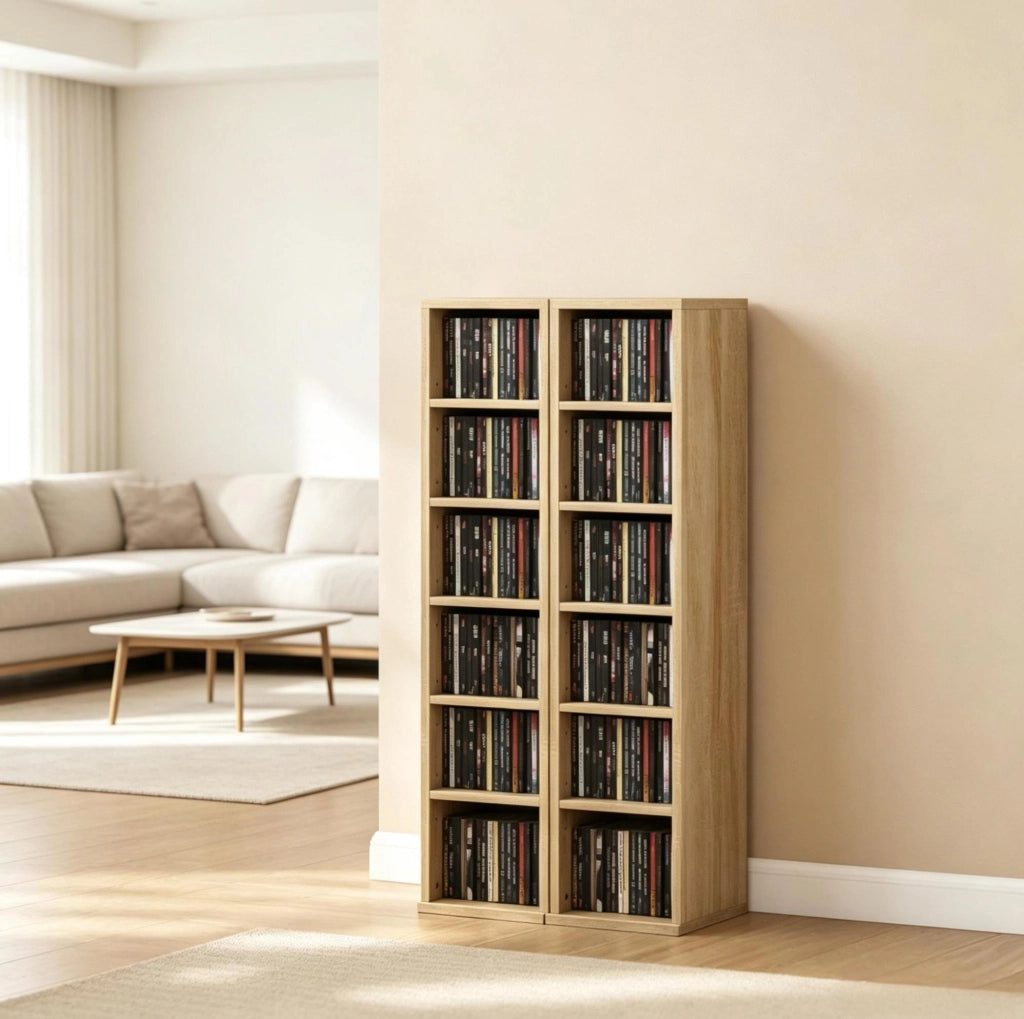Set di 2 armadietti porta CD con colonne a scaffale, 12 scomparti, 21x22,5x88,5 cm, capacità 204 CD, colore rovere