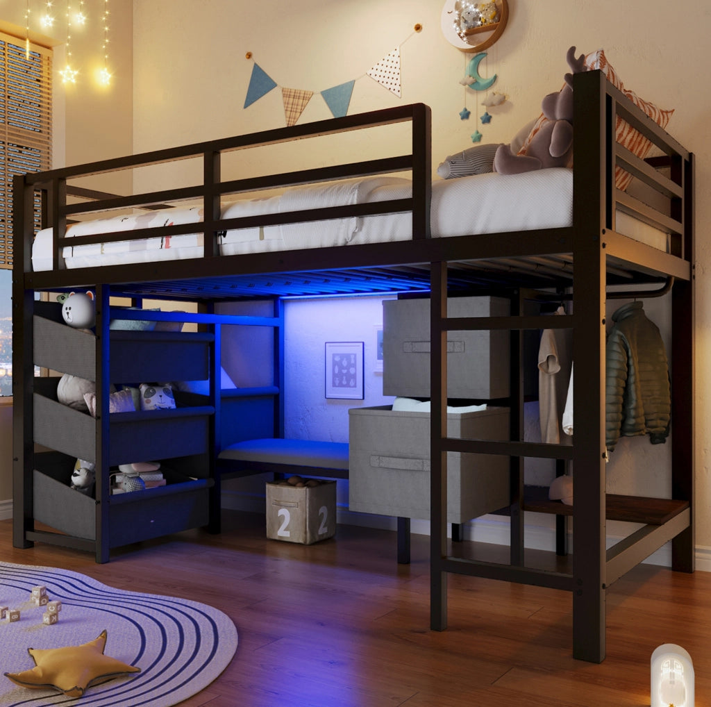 Letto a mezza altezza 90x200 cm con LED multicolore e contenitori in metallo nero