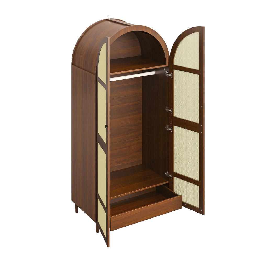 Armadio guardaroba 80x50x179 cm con ante in rattan e cassetti color noce HAVRYA