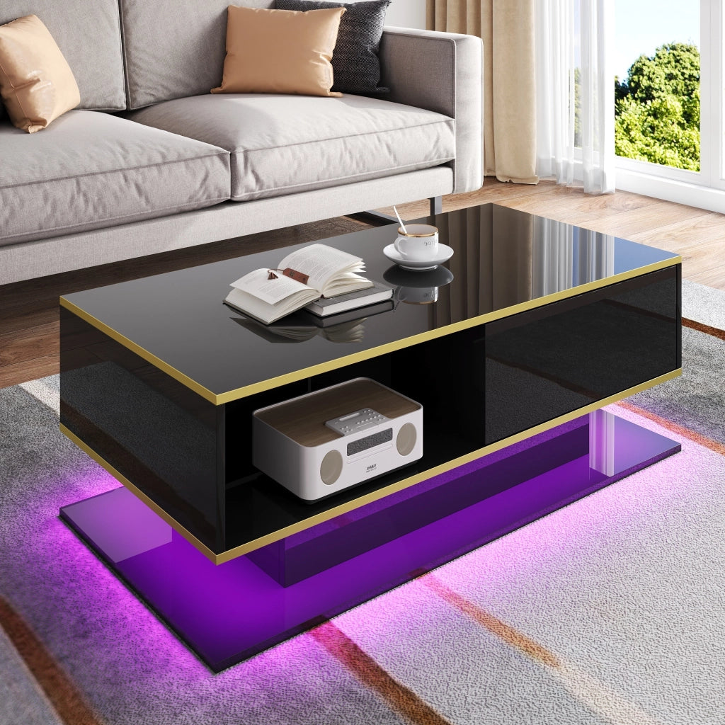 Tavolino da salotto LED con 3 cassetti e vano aperto, finitura lucida con decori dorati, nero, 100 × 50 × 40 cm