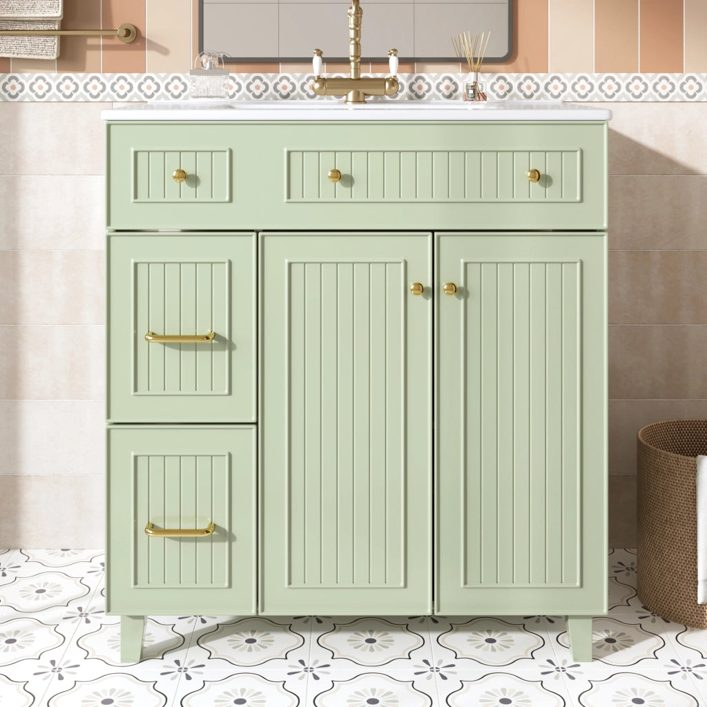 Mobile da bagno a terra con lavabo in ceramica cassetti e anta in MDF laccato verde piedi in legno di pino
