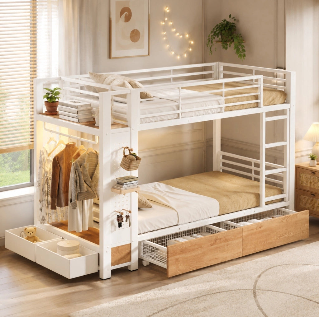 Letto a castello 90x200 cm con cassetti, LED e appendiabiti
