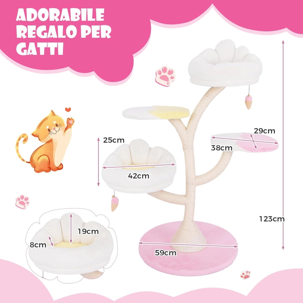 Albero per Gatti, Tiragraffi per Gatti con 2 Piattaforme, Palline Pendenti, Cuscini e Tiragraffi in Sisal, Centro Attività per Gatti Piccoli da Interno, 59 x 59 x 123 cm