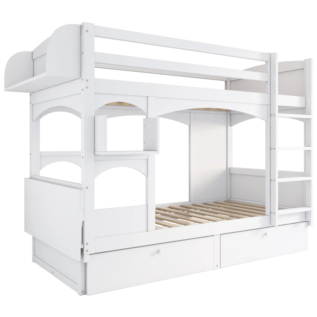 Letto a castello 90x200 cm con cassetti, scala, scrivania integrata in legno massello bianco