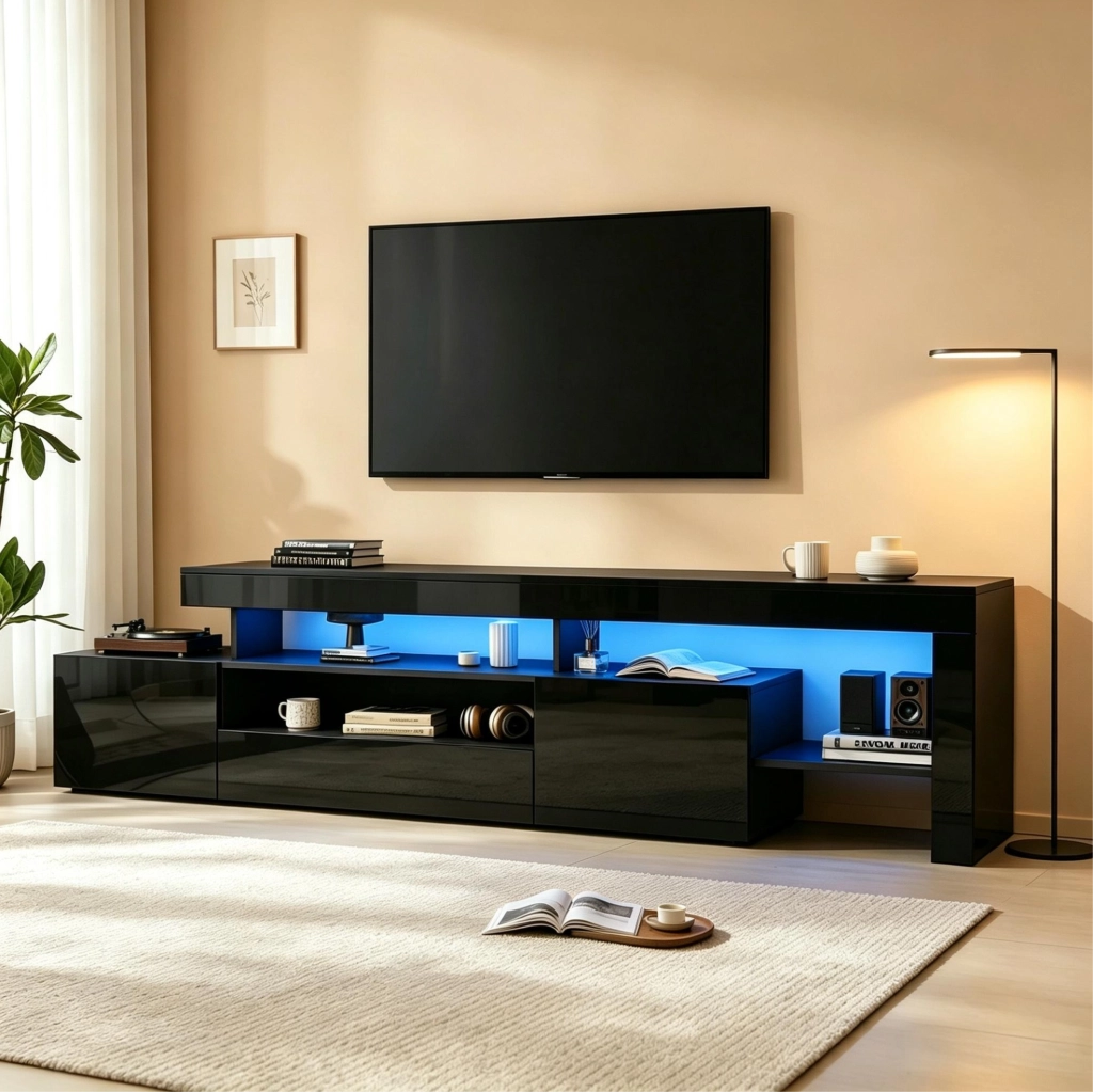 Mobile TV LED 192 x 37 x 53 cm nero lucido per TV fino a 85 pollici