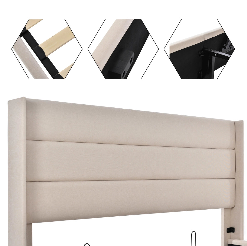 Letto matrimoniale imbottito con contenitore idraulico 140x200 cm con materasso a molle 620 pezzi e rete a doghe in legno, beige