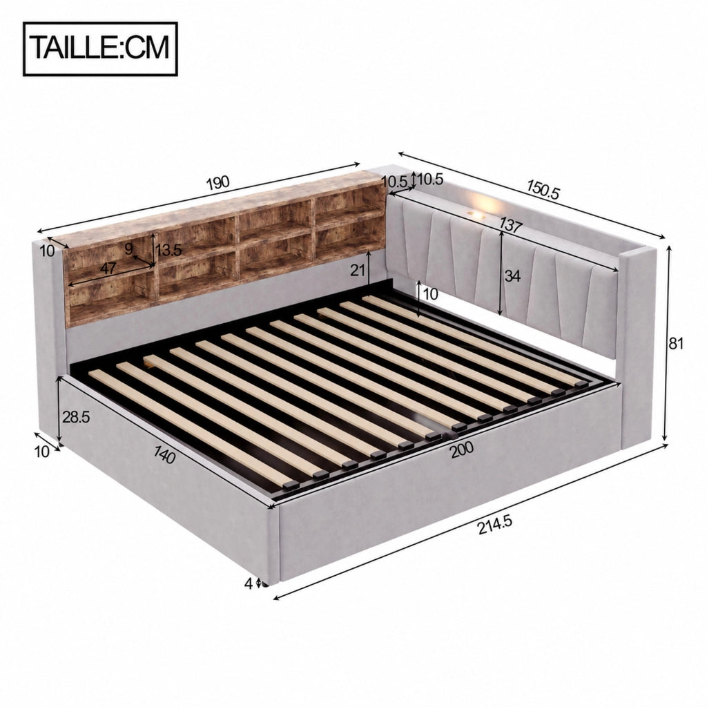 Letto matrimoniale imbottito 140 × 200 cm con contenitore idraulico velluto grigio chiaro USB e Type-C