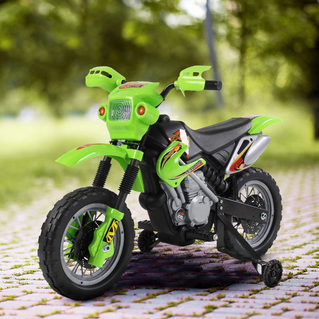 Moto Elettrica per Bambini 3 anni e Pi¨´, Moto Cross Elettrica con Rotelle, Batteria 6V Velocit¨¤ 2.5km/h, 102 x 53 x 66cm, Verde
