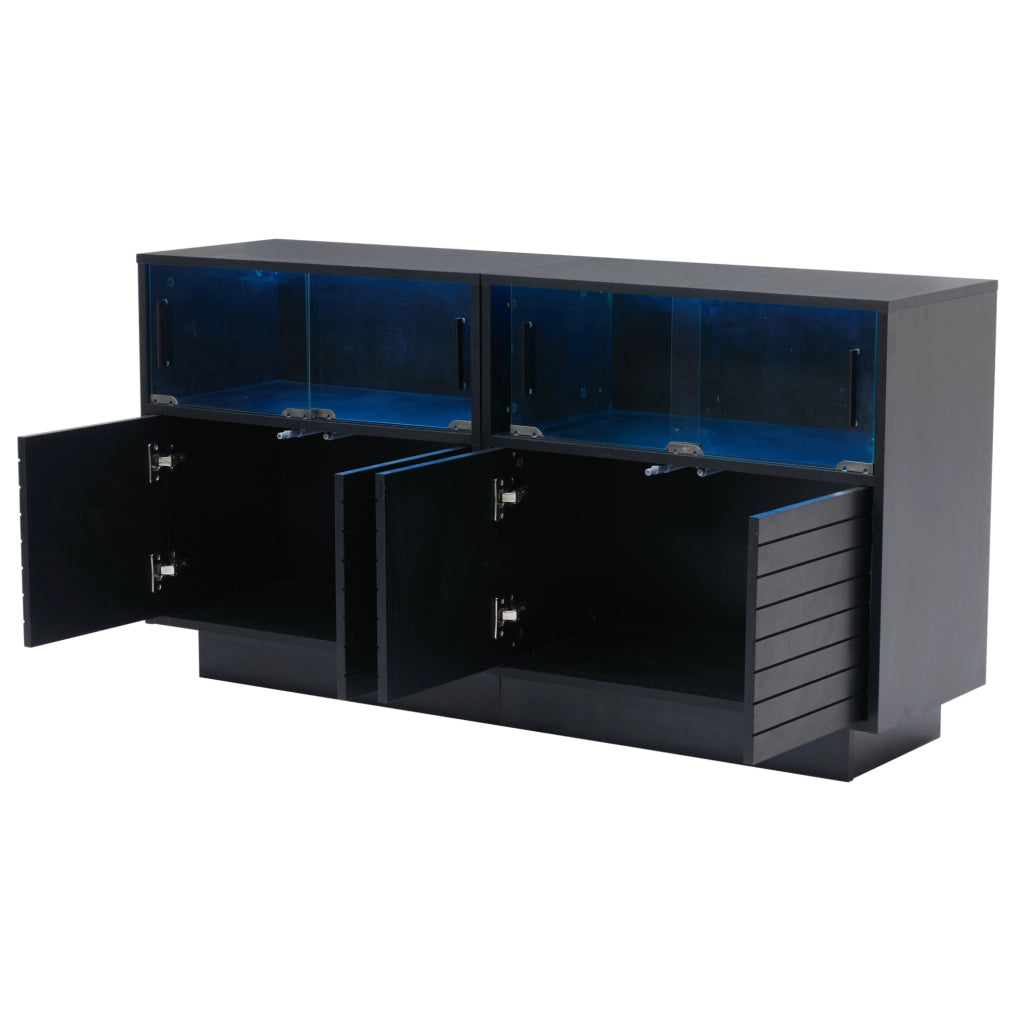 Credenza 130x35x68 cm con 4 ante scorrevoli in vetro, LED, in truciolare nero