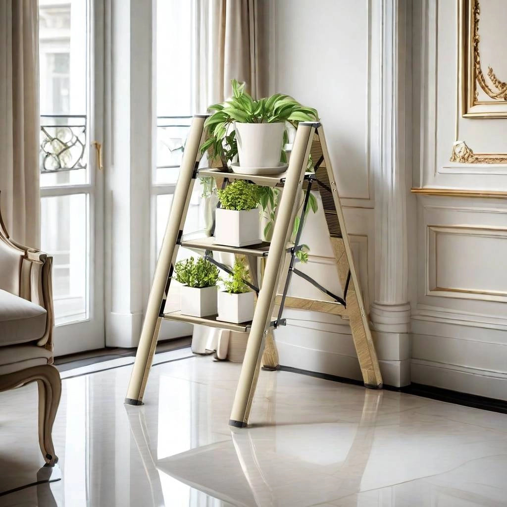 Scala pieghevole in alluminio color oro con gradini antiscivolo e piedini in gomma fino a 150 kg 65 × 45 × 82 cm