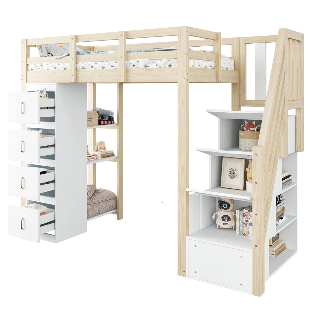 Letto a soppalco 90x200 cm con cassetti contenitore in legno massello naturale