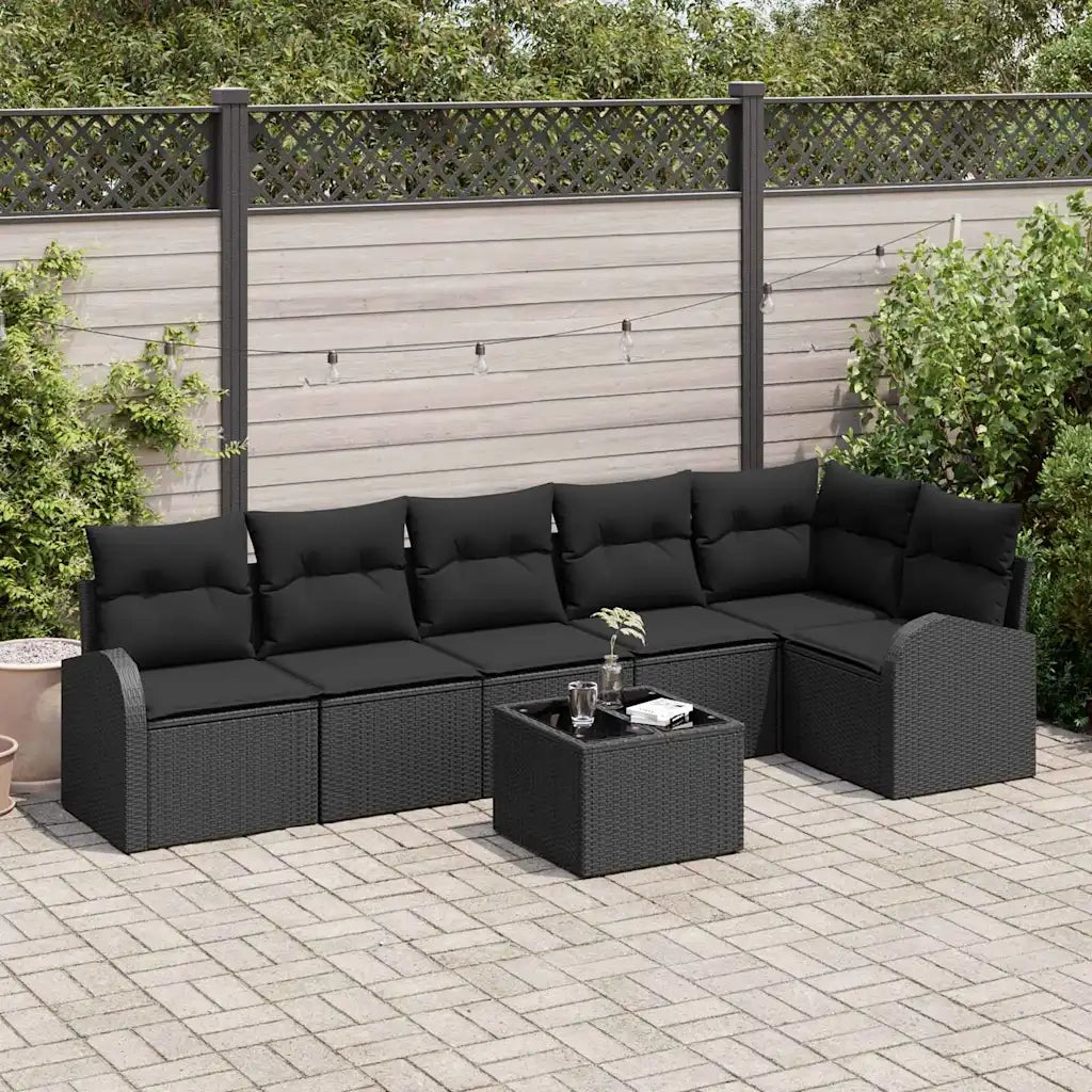 Set Divano da Giardino con cuscino 7 pcs Nero polyrattan