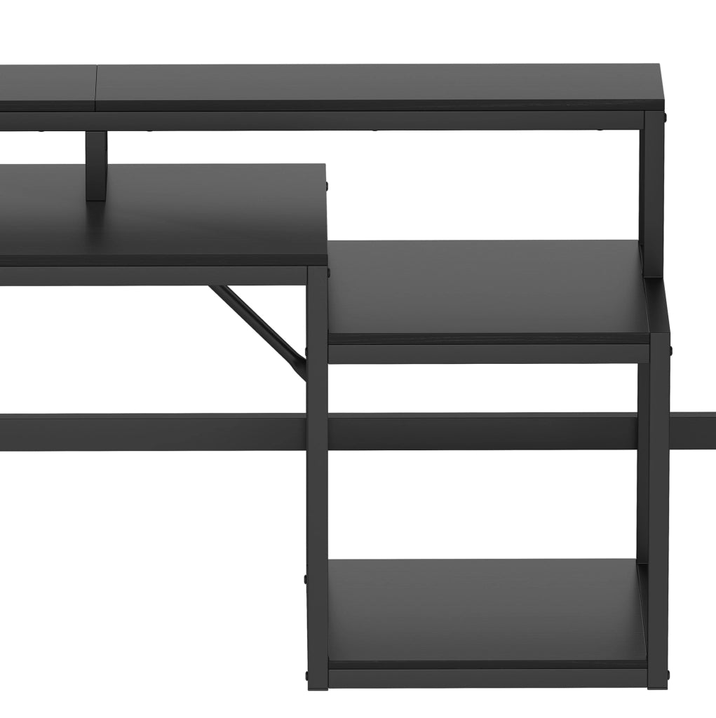 Letto a soppalco 140x200 cm con struttura in ferro, scrivania, LED integrato e prese USB, colore nero