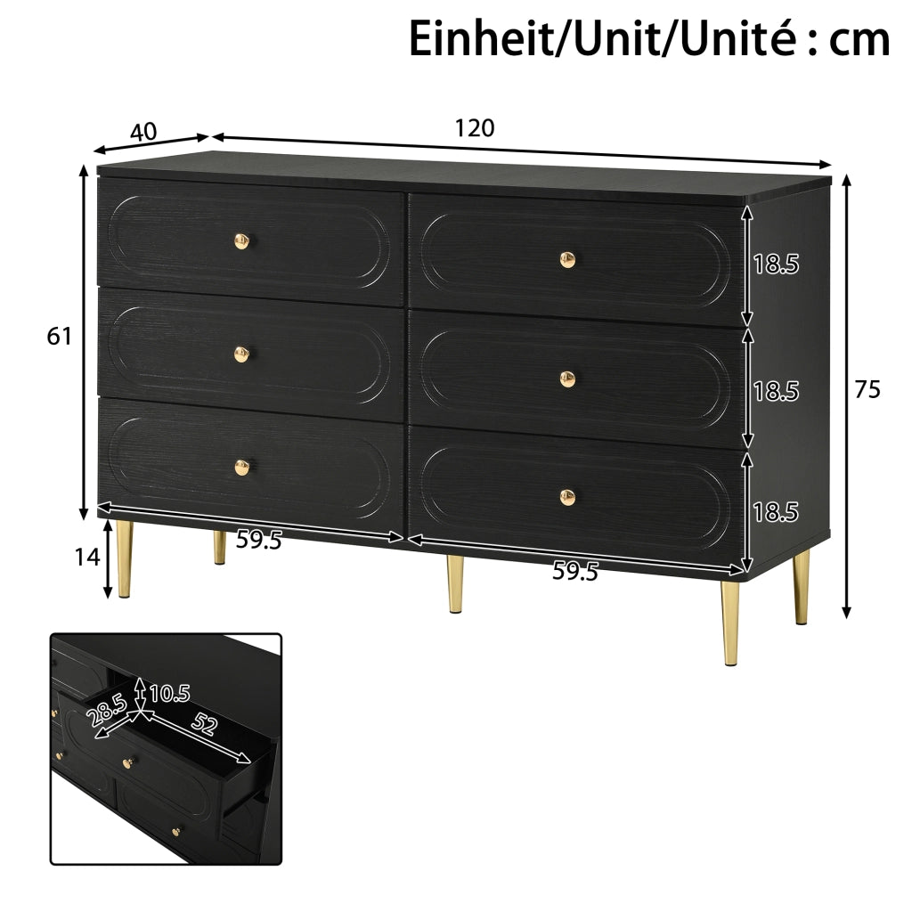 Madia con 6 cassetti e frontali ovali; piedini in metallo; nera 120 × 40 × 75 cm