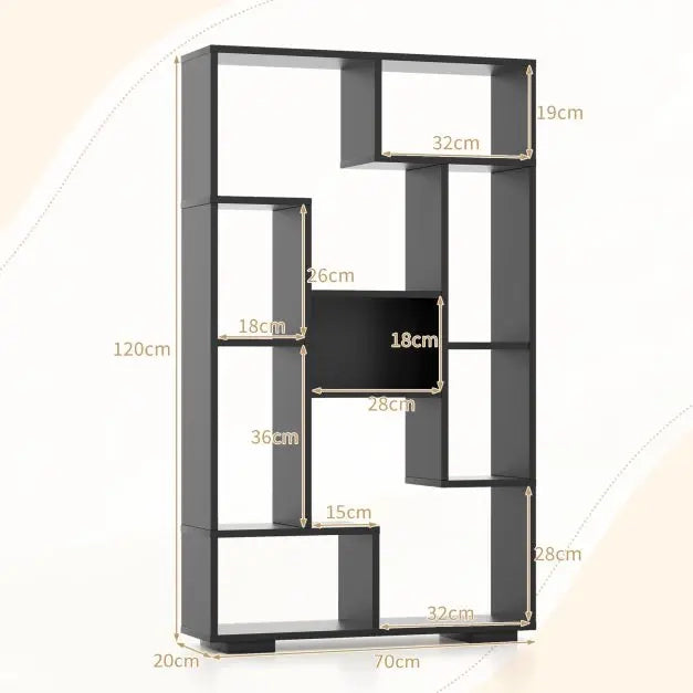 Libreria Moderna da 120cm con 11 Ripiani Aperti e Kit Antiribaltamento, Scaffale Nero per Casa e Ufficio