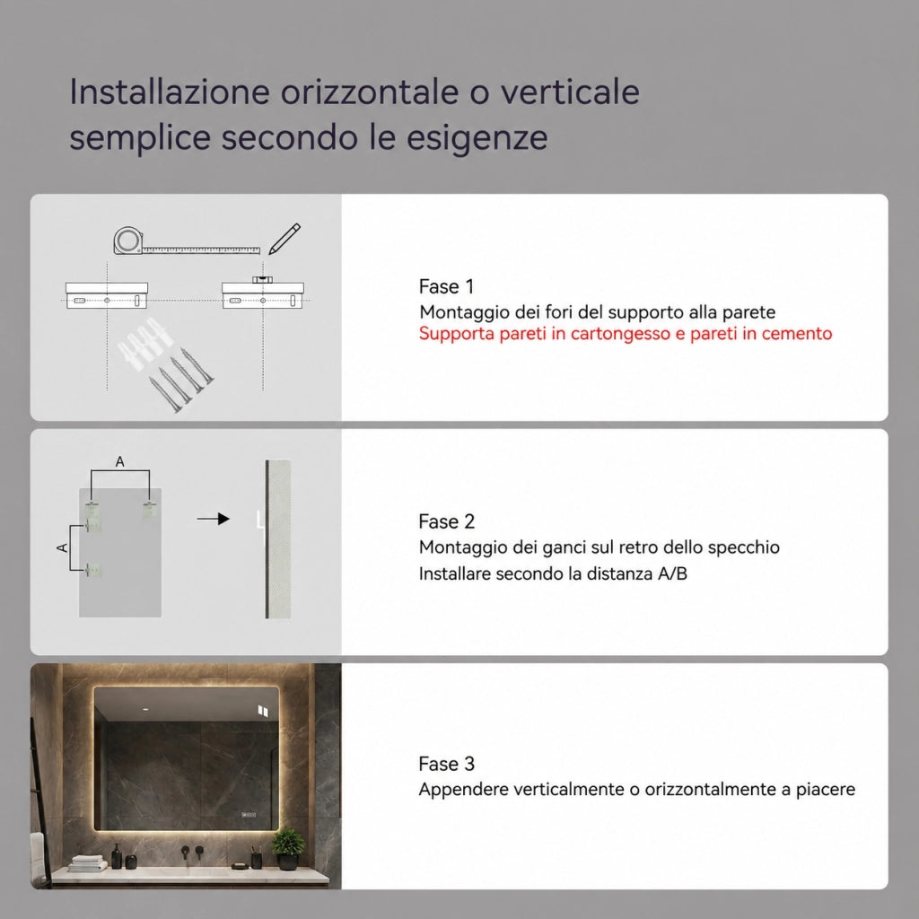 Specchio bagno led 60x100 specchio retroilluminato antiappannamento; luce dimmerabile 3 colori; vetro infrangibile; argento
