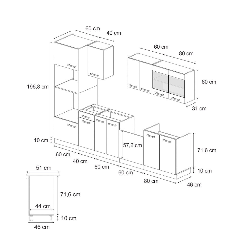 Vicco Cucina componibile Grigio-blu 300 cm con armadio alto, senza piano di lavoro