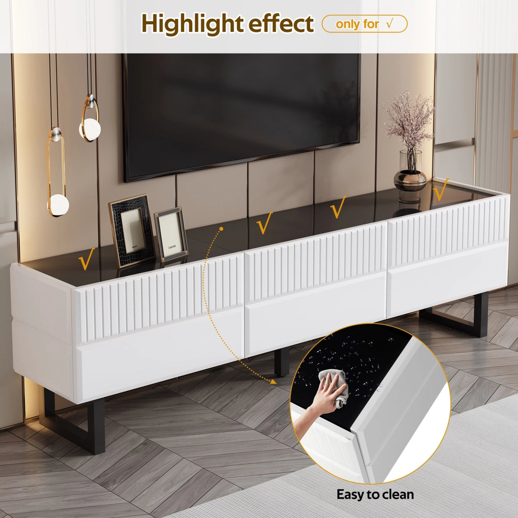 Mobile TV con cassetti; gambe in ferro e piano lucido in MDF e pannello truciolare nero e bianco 170 × 35 × 47 cm