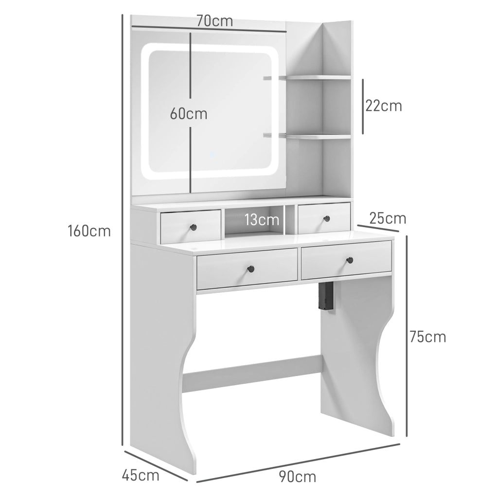 Toeletta da Trucco con Specchio Luci LED 3 Tonalità, Prese USB, 4 Cassetti e Mensole, Design Moderno, 90x45x160cm, Bianco