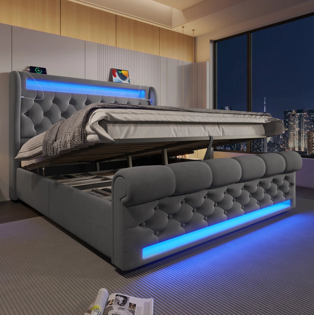 Letto 140x190 cm con contenitore idraulico, LED, USB e USB-C in velluto grigio