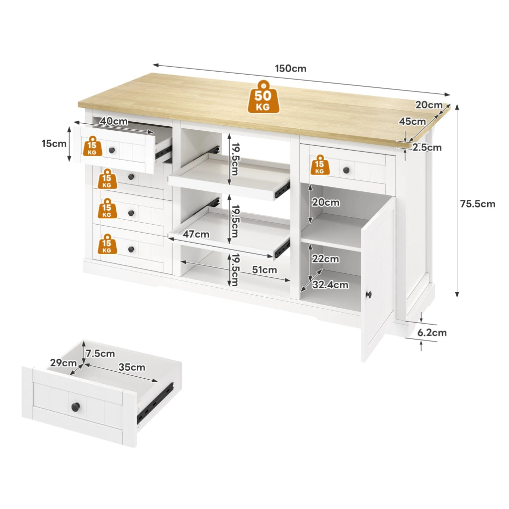 Credenza con piano ribaltabile 5 cassetti 2 ripiani estraibili prese e USB bianco naturale 150 × 65 × 75.5 cm