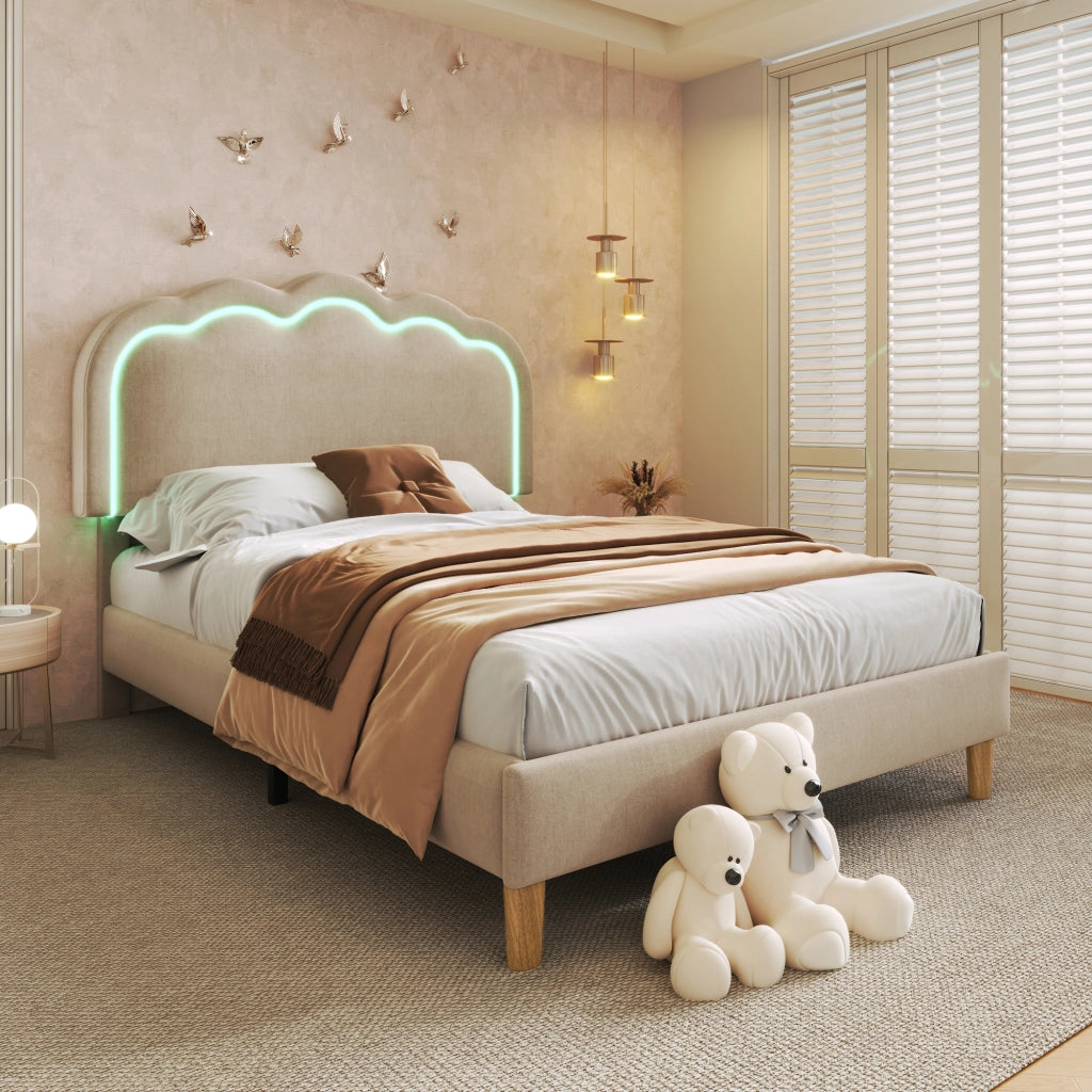 Letto singolo 90 × 200 cm con testiera LED regolabile imbottito in lino beige per camera da letto e ospiti