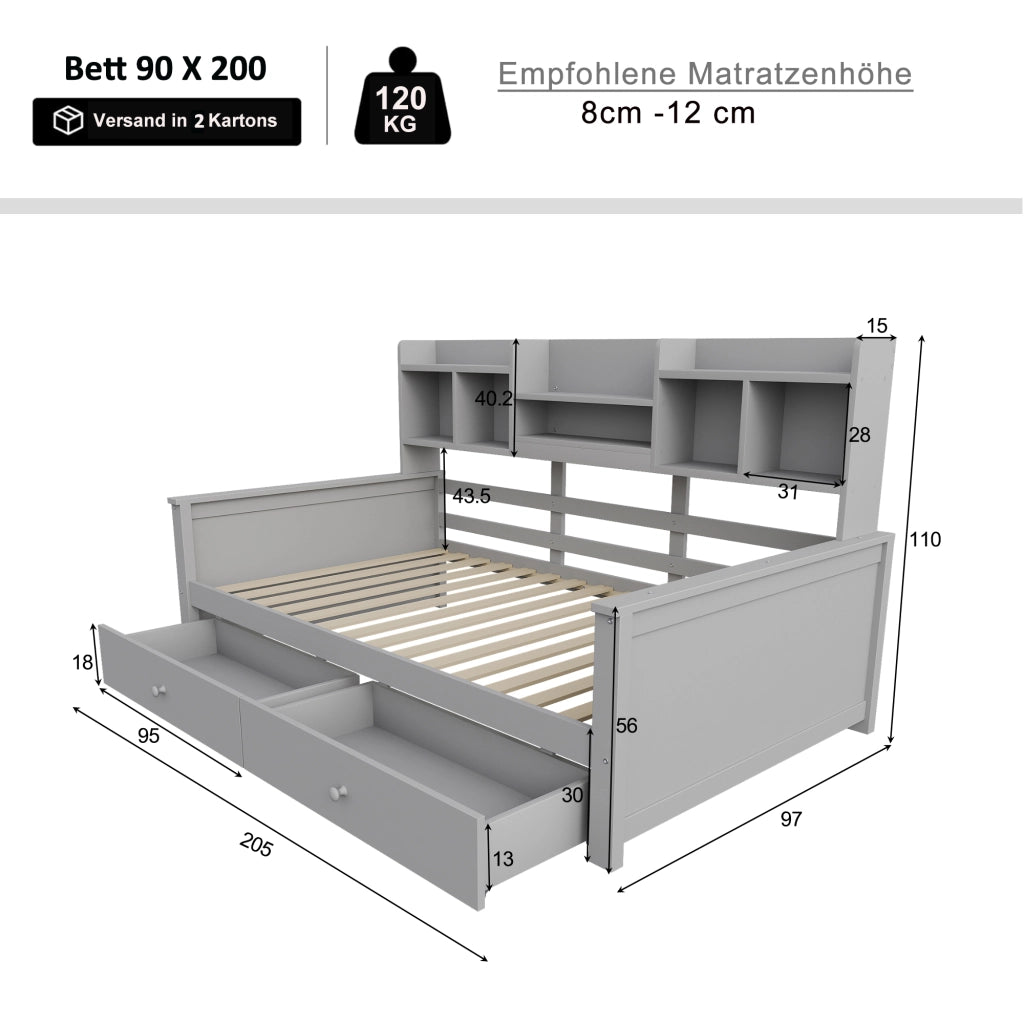 Letto singolo a divano 90 ¡Á 200 cm in legno grigio con cassetti vani laterali e rete a doghe