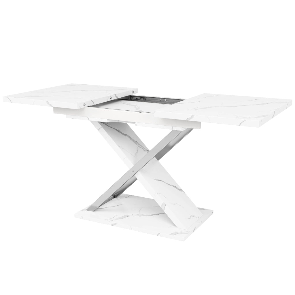 Tavolo allungabile da pranzo con piano effetto marmo e gambe incrociate bianco 118-157 × 75 × 76.4 cm