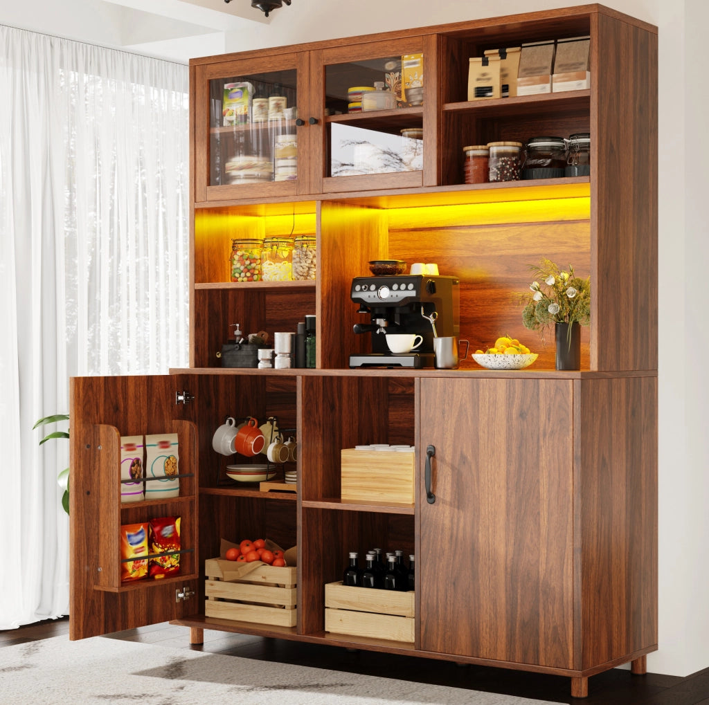 Mobile alto da cucina con LED smart e ante scorrevoli, noce