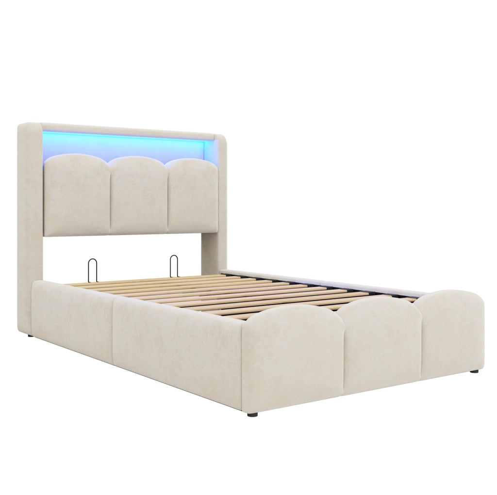 Letto singolo imbottito 90x200 cm con contenitore idraulico, rivestimento in velluto beige e illuminazione LED con USB e Type-C