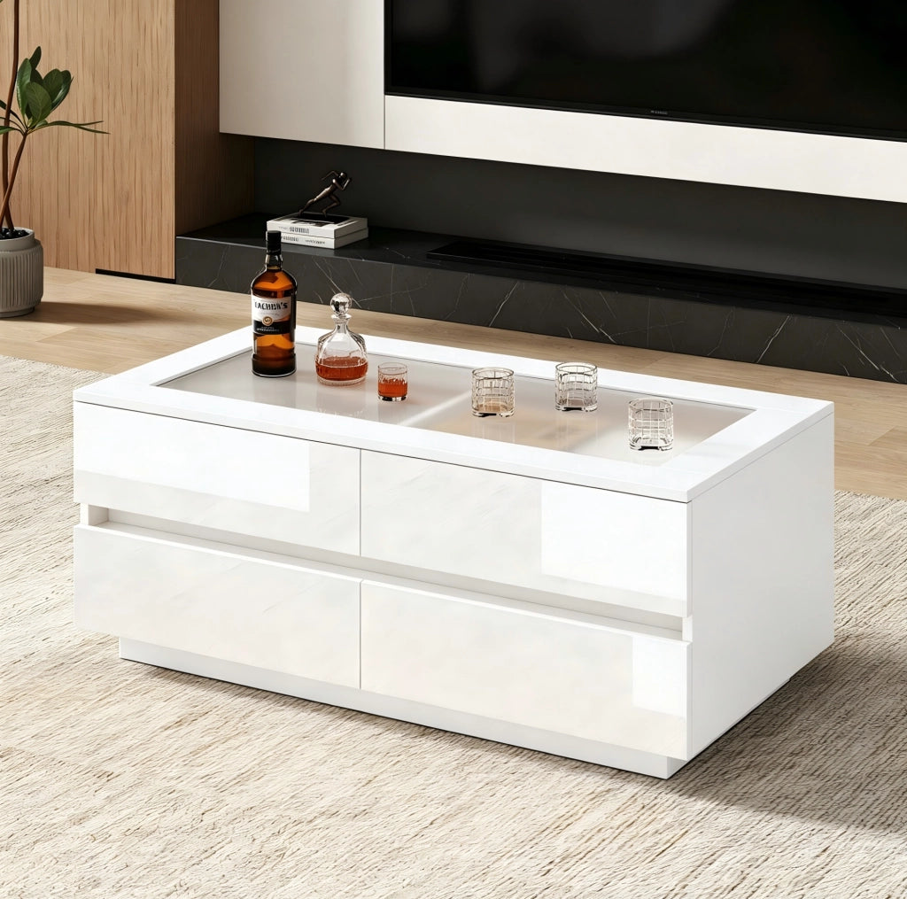 Tavolino da caffè moderno bianco 100x50x40 cm con 4 cassetti; LED; vetro temperato
