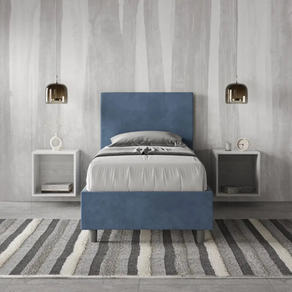 Letto singolo contenitore imbottito 80x190 microfibra blu Adele