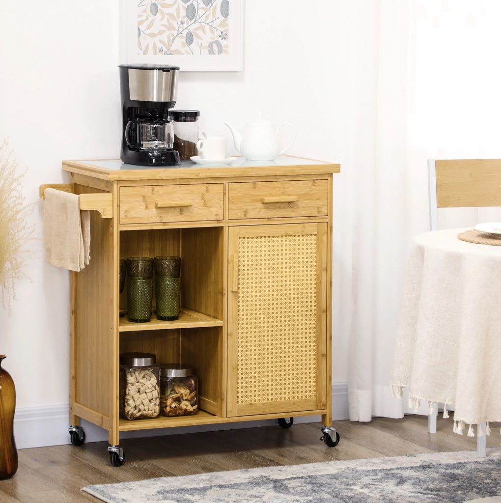 Carrello da cucina in bambù naturale con cassetti, armadietto, ripiani aperti e porta asciugamani, 84x36x85 cm