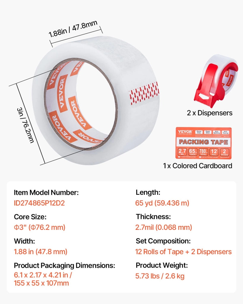 Nastro da imballaggio trasparente 12 rotoli 47,8 mm x 65 iarde, anima 76,2 mm, 0,068 mm, con distributore, pratico per traslochi e spedizione postale