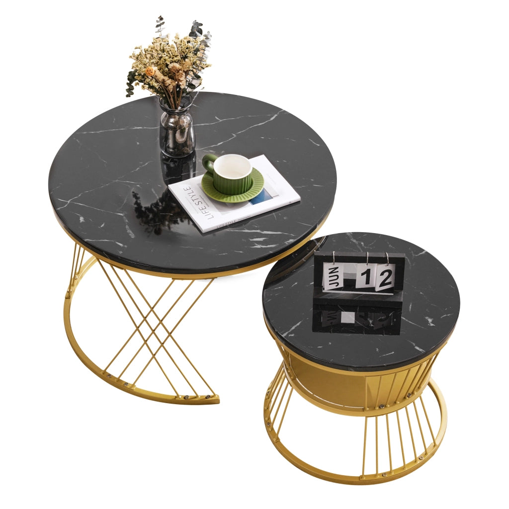 Set Tavolini da Salotto Rotondi Sovrapponibili Effetto Marmo Nero Lucido 70x70x47 cm