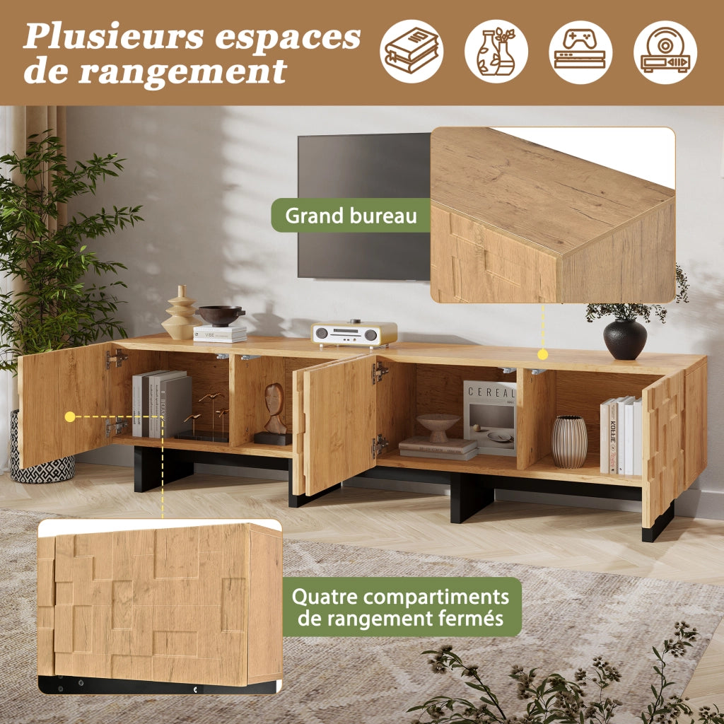 Mobile TV 4 ante push to open in MDF e truciolare effetto legno naturale per TV fino a 75 pollici 180 × 38.5 × 45 cm